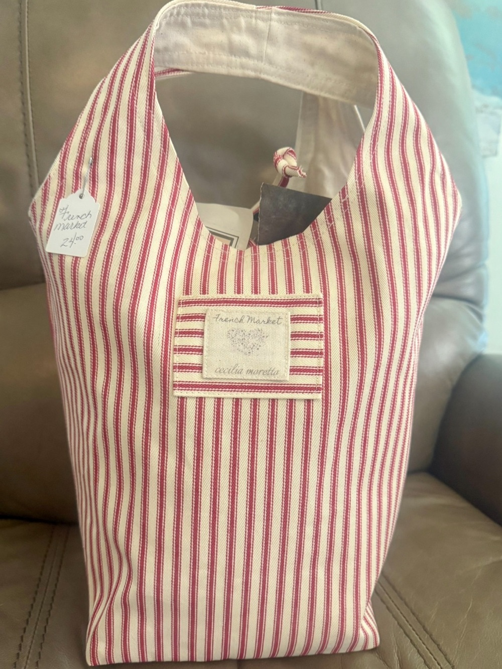 Red & Cream Striped Tote - French market place. Created by Cecilia . Ticking fab